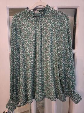 Boden Green and White Geometric High-Neck Blouse - Size 16/18